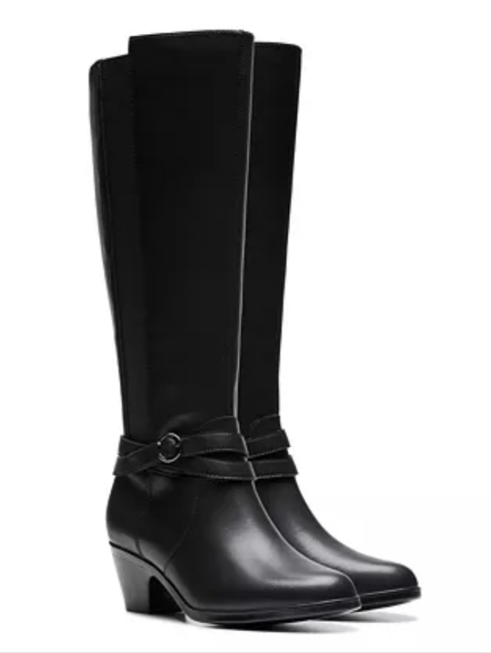 Clarks Emily 2 Dream Tall Boots Black Side Zip Elastic Gore Panel 1.5" Heel 9.5